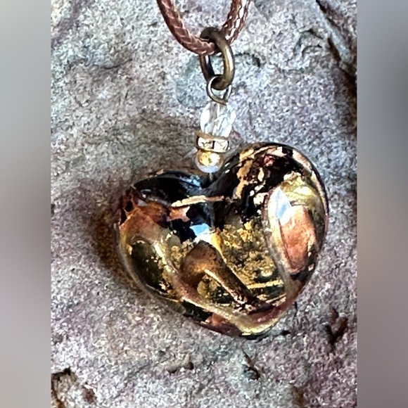 Heart Pendant Necklace Puffy Blown Art Glass Metallic Brown 16-18’ Chain 5518 G - Picture 8 of 10